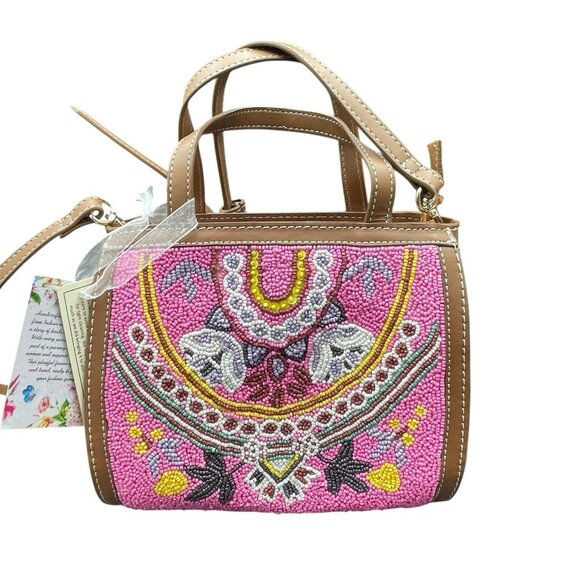 Unbranded Handbags - Pink Seed Bead Floral Mini Barrel Handbag Crossbody Strap Made In India New